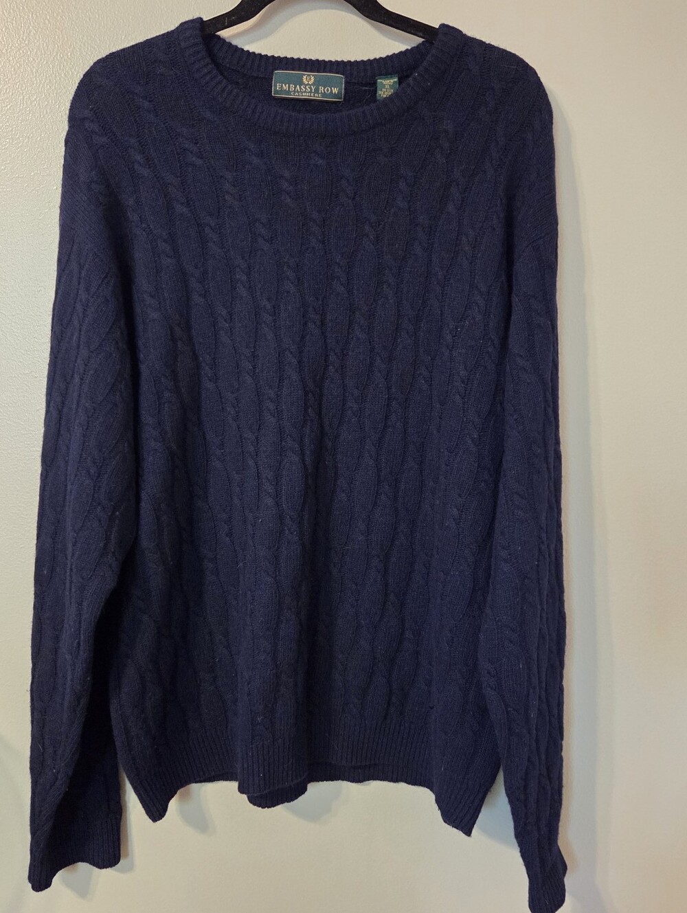 Embassy Row Men's Navy Blue 100% Cashmere Cable Knit Sweater. Sz XL